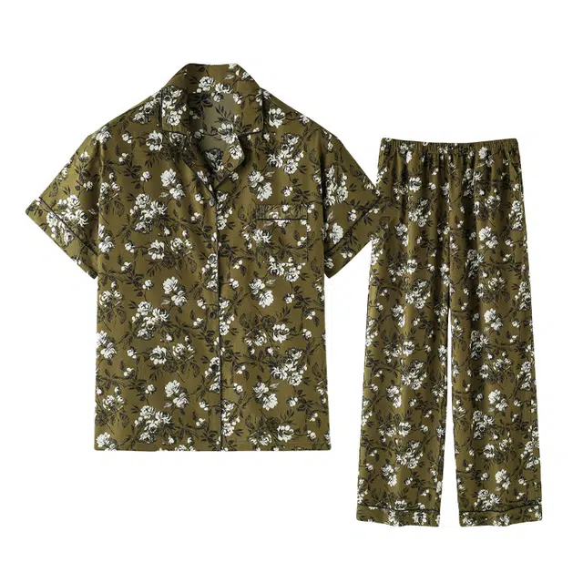 美腾 可外穿家居服开衫薄款碎花柔软棉短袖长裤宽松睡衣套装 夏季 女款 橄榄绿