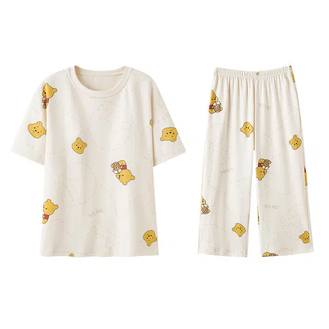 欧迪芬 带胸垫舒适亲肤透气短袖夏季甜美风小熊图案七分裤睡衣套装 女款 白色