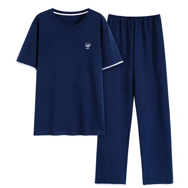帕兰朵 简约薄款短袖舒适透气长裤睡衣套装 男款 藏青色