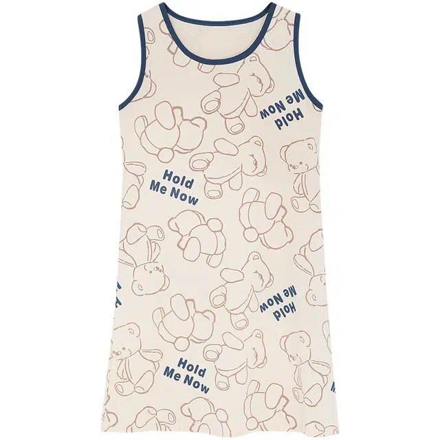 莫代尔 卡通小熊满印透气亲肤无袖睡裙 女款 杏色