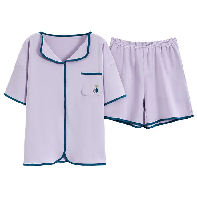 帕兰朵 纯棉套头纯色短袖上衣宽松松紧短裤睡衣套装 女款 浅紫色