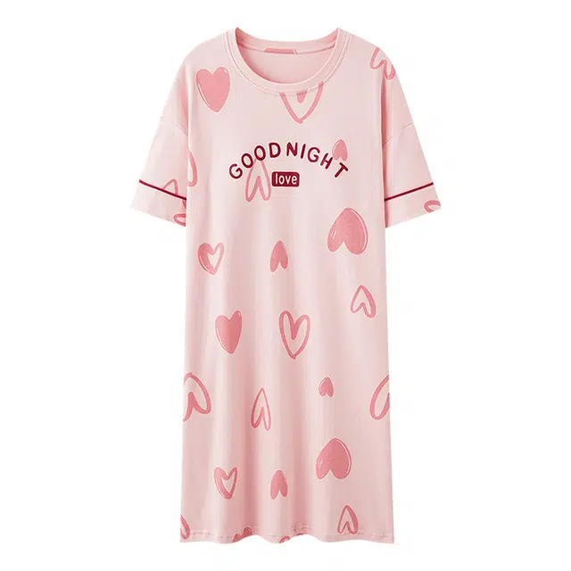 欧迪芬 爱心字母满印圆领甜美短袖睡裙 女款 粉色