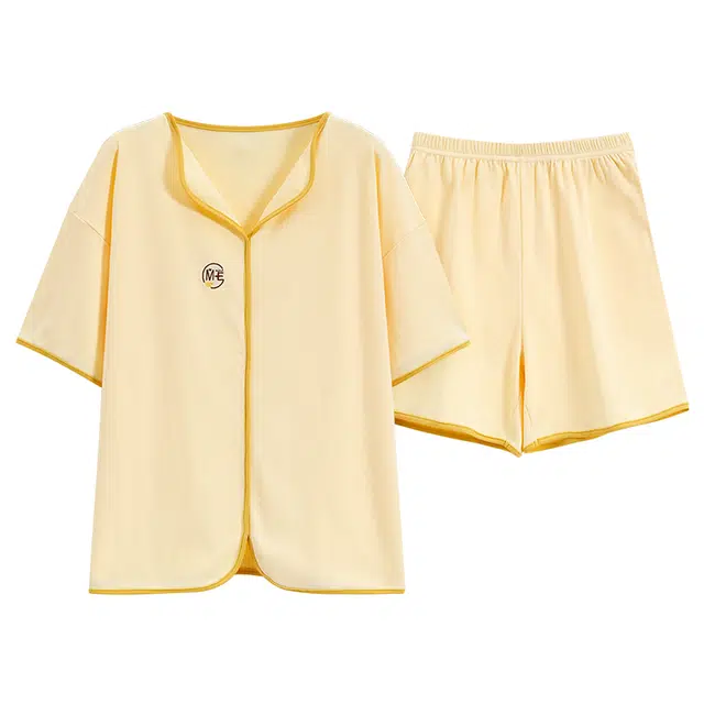 雅鹿 休闲拼色短袖松紧腰短裤睡衣套装 女款 明黄色