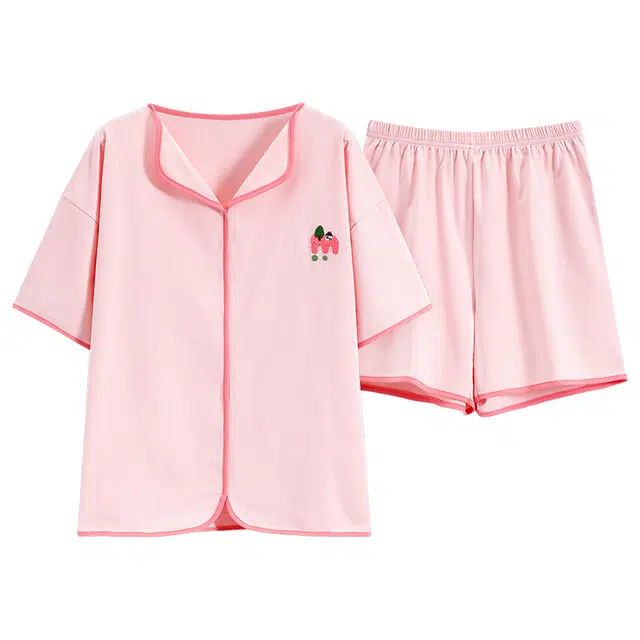 帕兰朵 简约纯棉甜美舒适亲肤翻领短袖开衫休闲可外穿家居服短裤睡衣套装 女款 藕色