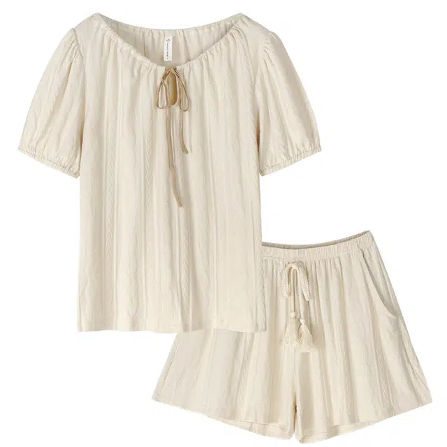 歌倩雅 纯色休闲圆领短袖松紧腰短裤睡衣套装 女款 杏色