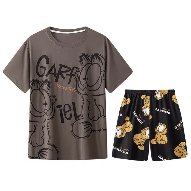 兰缪 纯棉圆领卡通舒适短袖松紧短裤睡衣套装 男款 咖啡色