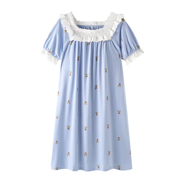 贝妍 凉感可爱小熊少女甜美宫廷风方领一体式短袖睡裙 女款 天蓝色