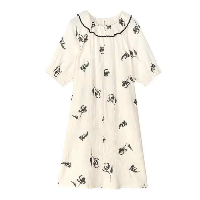 歌倩雅 凉感时尚印花长款圆领短袖睡裙 女款 米色