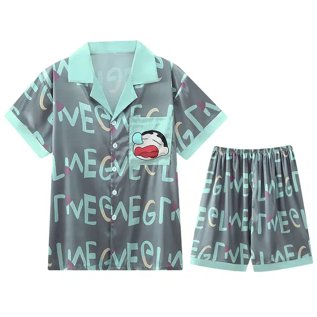 兰缪 卡通动漫字母舒适翻领短袖松紧舒适短裤可外穿 男款 蓝灰色