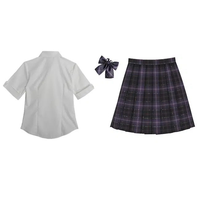 兔半眠 纯色尖领短袖衬衫配领结格子半身短裙制服 女款