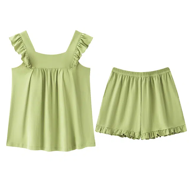 帕兰朵 简约小清新亲肤舒适透气带胸垫吊带休闲可外穿家居服短裤睡衣套装 女款 浅绿色