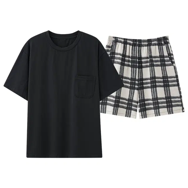 帕兰朵 简约透气休闲圆领套头上衣宽松舒适松紧腰格子印花短裤睡衣套装 女款 紫色