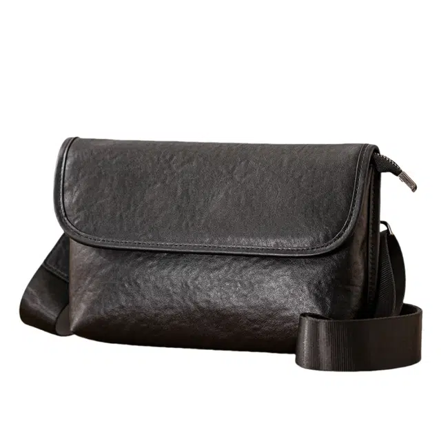 后步 原创小众设计质感通勤多功能休闲大气小巧轻便 真皮头层植鞣牛皮 手拿包单肩斜挎包 小号 男女同款情侣款 黑色