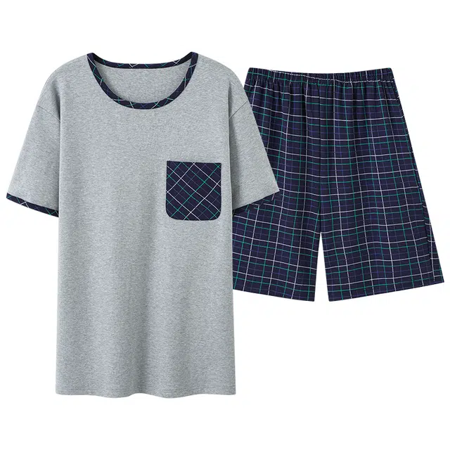 睦隆世家 经典口袋圆领套头短袖方格松紧舒适短裤睡衣套装 男款 花灰