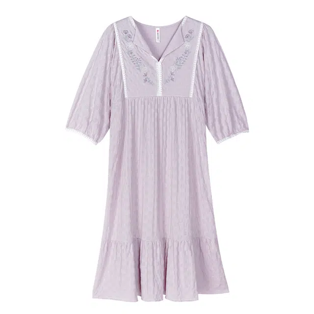 歌倩雅 植物花卉刺绣拼接蕾丝边舒适凉感短袖睡裙 女款 紫色