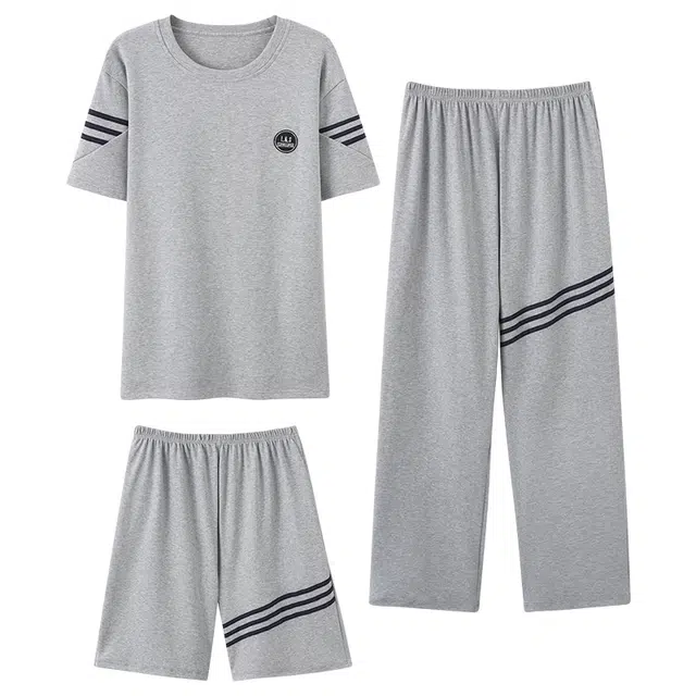 睦隆世家 圆领套头舒适短袖松紧腰短裤休闲长裤睡衣套装 男款 浅花灰