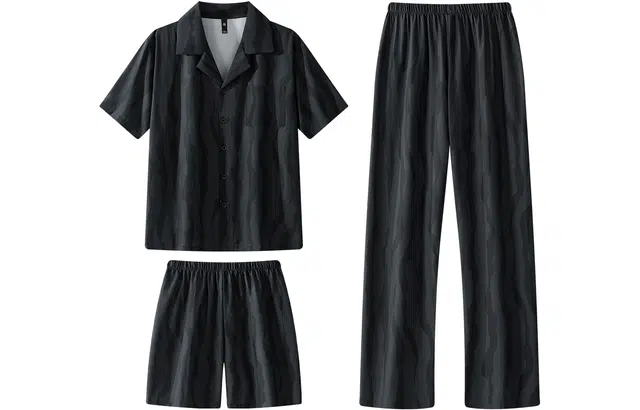 宫蝶 凉感冰丝三件套家居服短袖长裤薄款衫条纹休闲大码开衫舒适睡衣套装 男款 黑色