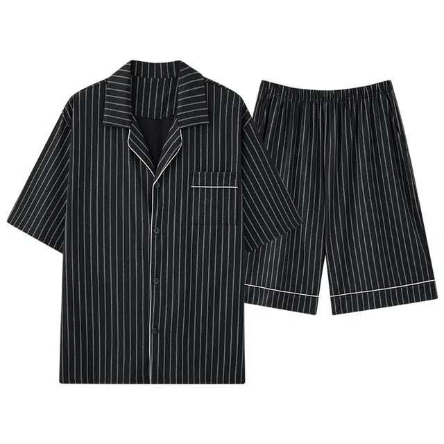 欧迪芬 简约条纹可外穿口袋上衣舒适透气短裤睡衣套装 男款 黑色
