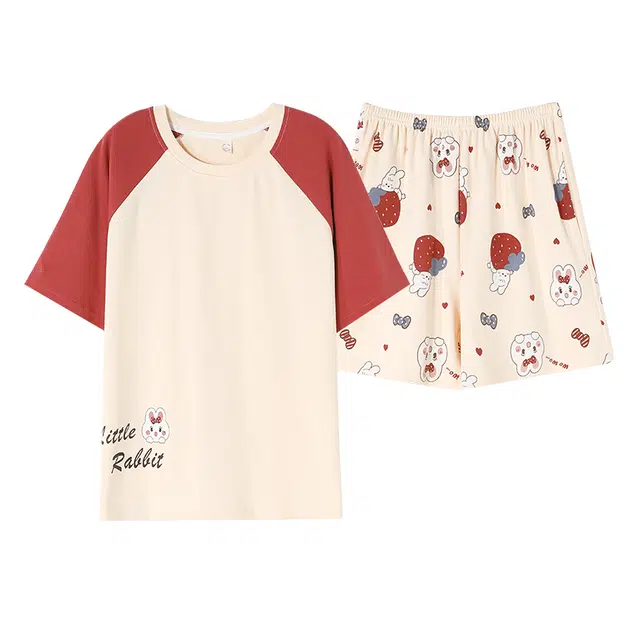 欧迪芬 简约短袖圆领卡通上衣松紧腰短裤睡衣套装 女款 撞色