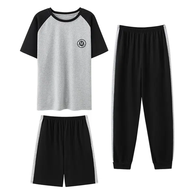 睦隆世家 休闲可外穿经典绣花圆领套头短袖上衣松紧腰长裤短裤睡衣套装 男款 花灰