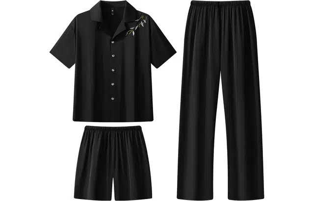 宫蝶 凉感冰丝三件套家居服短袖长裤薄款衫简约休闲大码开衫舒适睡衣套装 男款 黑色