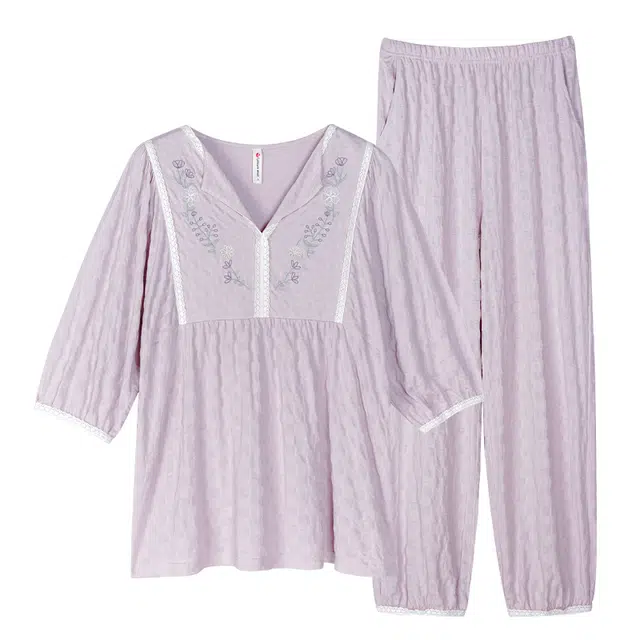 歌倩雅 莫代尔凉感短袖舒适透气亲肤长裤睡衣套装 女款 紫色