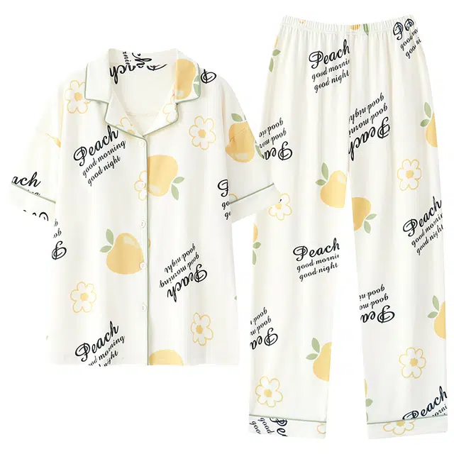 雅鹿 休闲字母印花带胸垫翻领短袖上衣长裤睡衣套装 女款 浅绿色