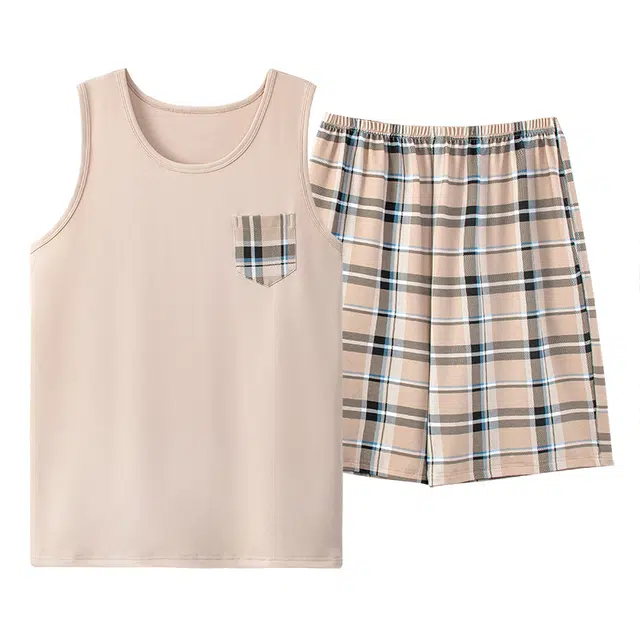睦隆世家 简约亲肤舒适透气圆领套头无袖背心休闲格子可外穿短裤睡衣套装 男款 卡其色