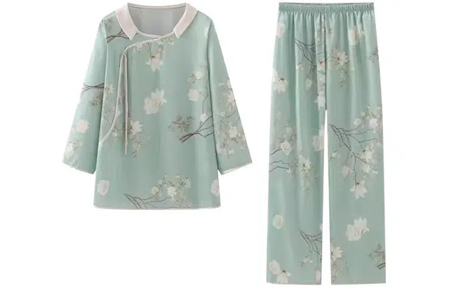 怡吾色 新中式薄款国风柔软凉感长袖松紧腰长裤睡衣套装 女款