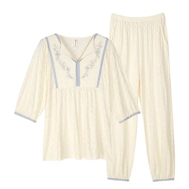 歌倩雅 休闲凉感五分袖舒适透气长裤睡衣套装 女款 杏色