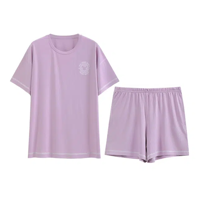 欧迪芬 纯色简约印花圆领短袖上衣短裤睡衣套装 女款 紫色