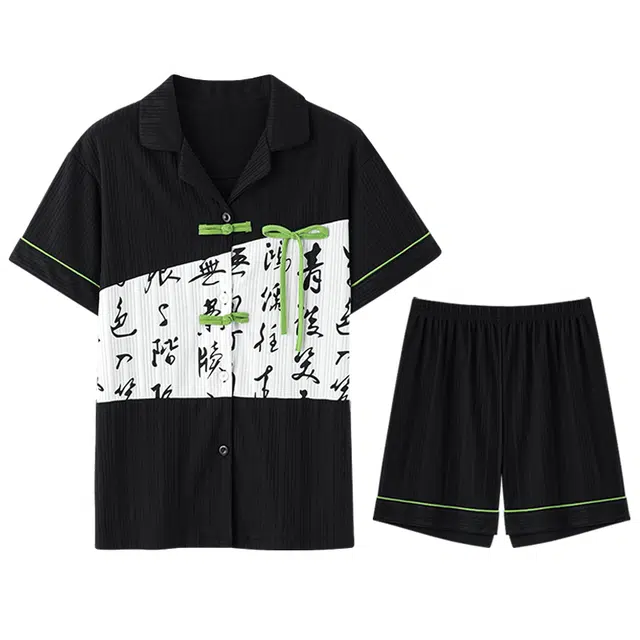 兰缪 国风中式短袖亲肤舒适短裤睡衣套装 女款 黑色