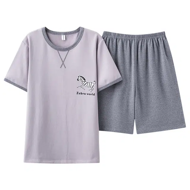睦隆世家 时尚斑马印花短袖短裤薄款休闲可外穿睡衣套装 男款 浅紫色