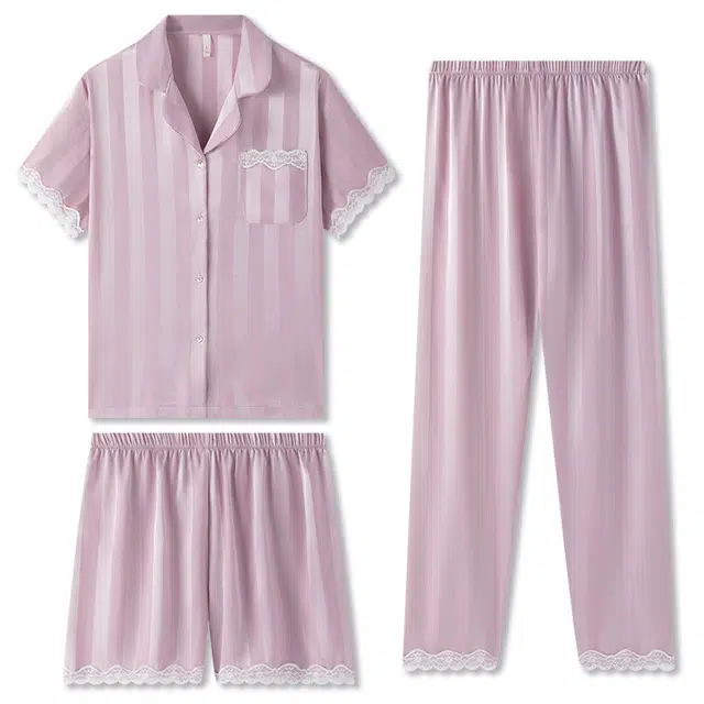 好福份 高级感休闲家居服薄款短袖凉感冰丝三件套睡衣套装 女款 浅紫色