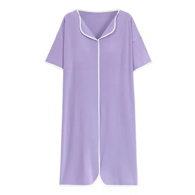 欧迪芬 休闲简约纯色中长款翻领短袖睡裙 女款 紫色