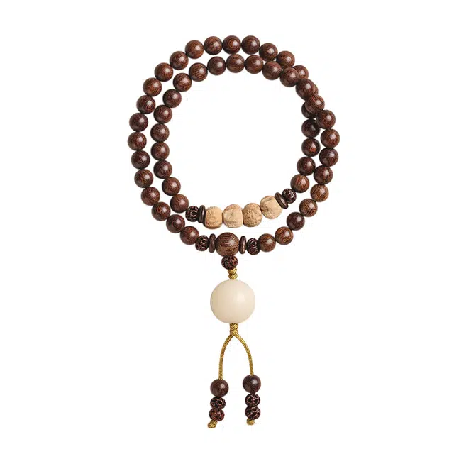 岁月静好 新中式国潮复古民族风禅意森系原木金丝檀念珠佛珠双圈文艺气质百香籽 菩提根 手串 男女同款情侣款