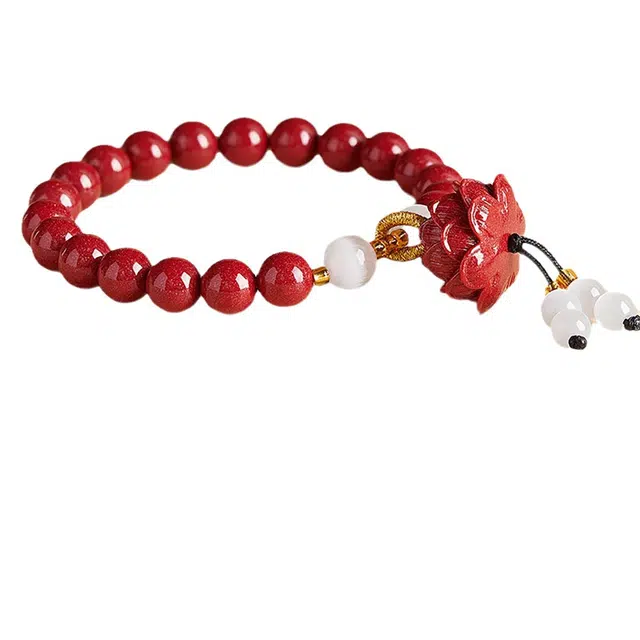 陌阡雪 新中式好运莲莲福气莲莲莲花清冷高贵小众优雅 再造辰砂朱砂 玉石手串 男女同款情侣款