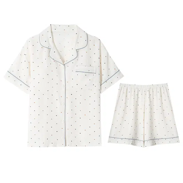 兰缪 开衫自带胸垫简约短袖休闲舒适短裤睡衣套装 女款 白色