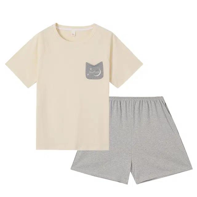 莫代尔 纯棉口袋薄款短袖短裤可外穿睡衣套装 女款 杏色