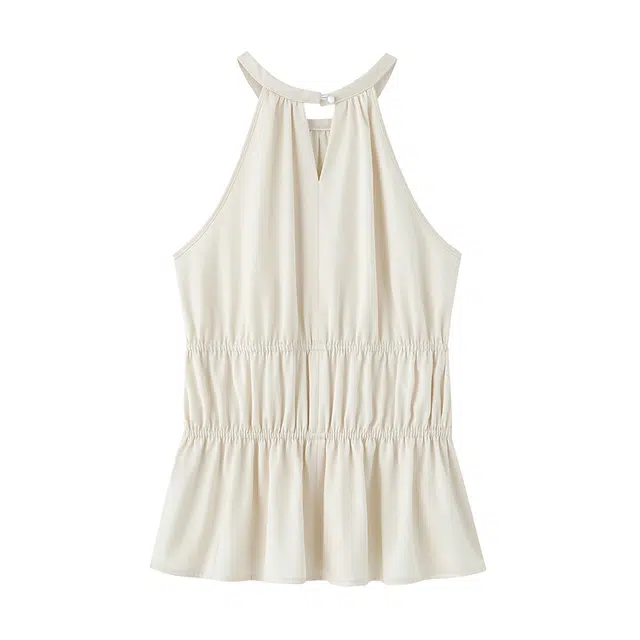 周淼 简约纯色套头修身抽皱挂脖背心 女款