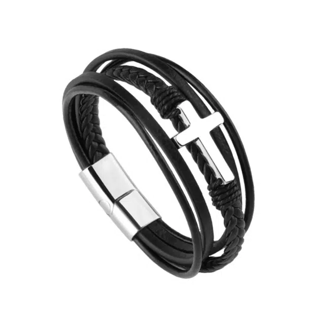 阡陌 十字架手绳 精致简约时尚百搭小众设计感皮绳手绳 男友礼盒 合金 手链 男女同款情侣款