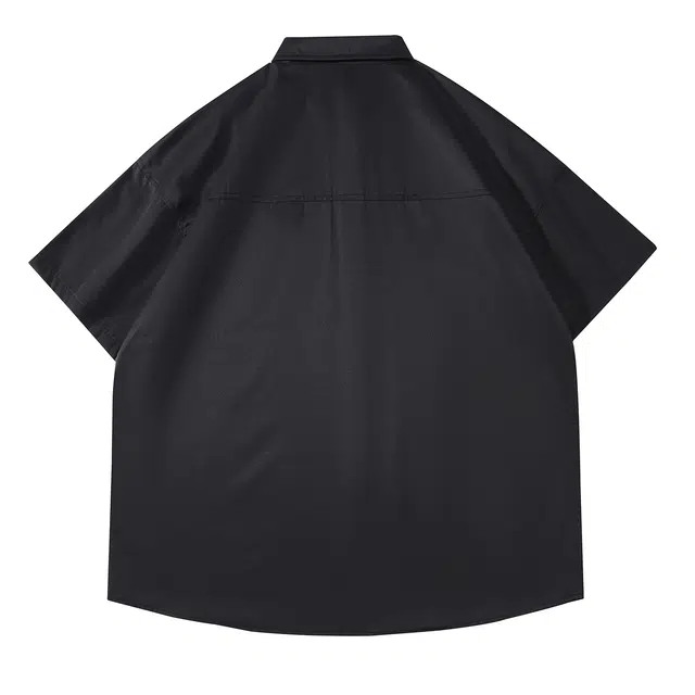 鸭鸭 日系工装翻领夏季潮流少年感新款大码休闲宽松基础纯色落肩上衣简约休闲 衬衣学院风百搭宽松垂感透气短袖衬衫 男女同款
