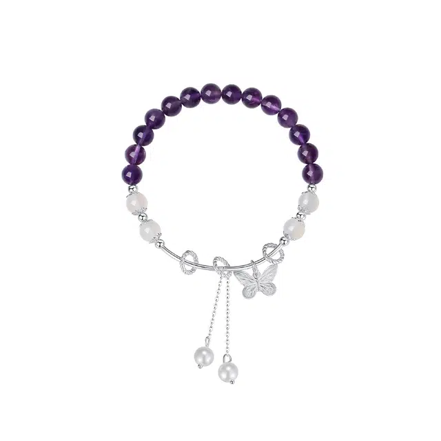 心草 原创紫水晶蝴蝶 新中式小众设计幸运蝴蝶珍珠撞色拼接 水晶 手链 女款