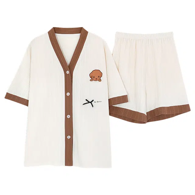 睦隆世家 韩版上衣狗头印花短袖舒适松紧短裤睡衣套装 女款 白色