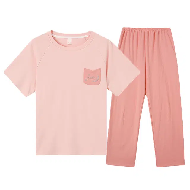 莫代尔 绣花图案口袋薄款短袖松紧腰长裤睡衣套装 女款 浅粉