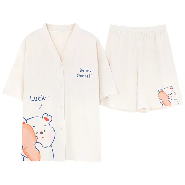 睦隆世家 韩版上衣趣味卡通印花短袖休闲可外穿短裤睡衣套装 女款 白色