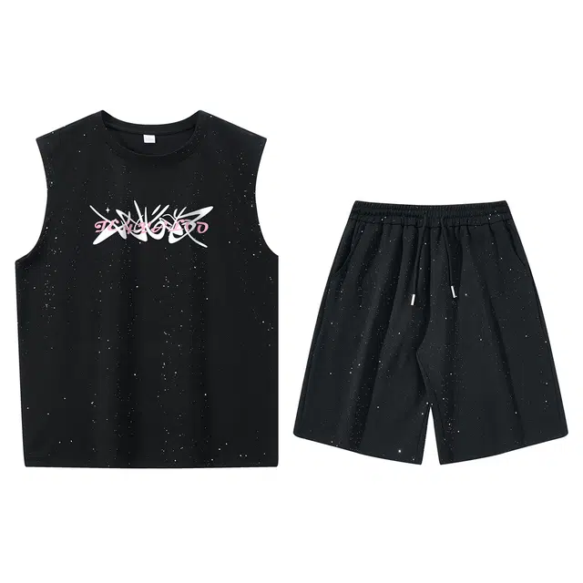 雅鹿 美式潮牌感满天星亮片创意印花嘻哈风坎肩圆领无袖针织背心短裤透气舒适百搭休闲运动套装 男女同款