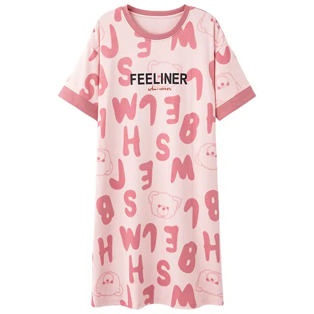 雅鹿 简约亲肤舒适透气圆领套头短袖睡裙 女款 桃色