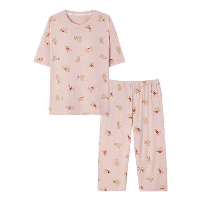 睦隆世家 小熊印花舒适短袖透气亲肤七分裤可外穿睡衣套装 女款 藕色