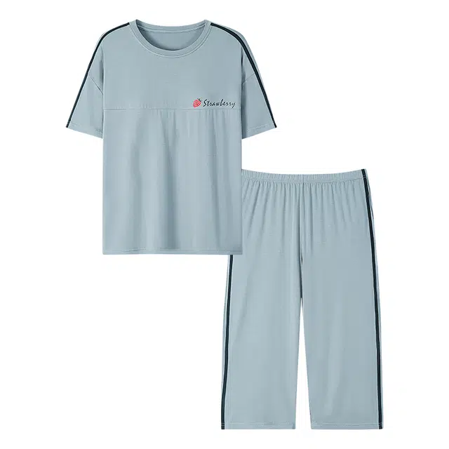 睦隆世家 薄款印花短袖透气休闲七分裤睡衣套装 女款 亮钢蓝